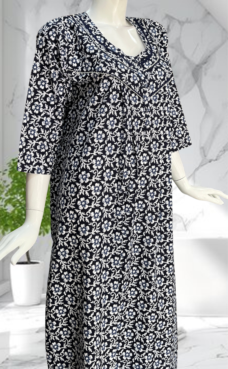 Navy Blue Floral Pure Cotton Long Sleeves Nighty. Soft Breathable Fabric | Laces and Frills