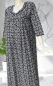 Navy Blue Floral Pure Cotton Long Sleeves Nighty. Soft Breathable Fabric | Laces and Frills