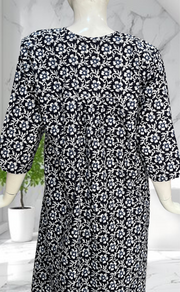 Navy Blue Floral Pure Cotton Long Sleeves Nighty. Soft Breathable Fabric | Laces and Frills