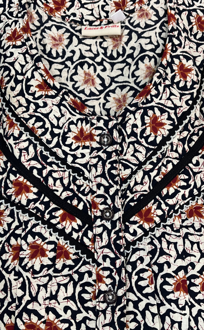 Black Garden Pure Cotton Long Sleeves Nighty. Soft Breathable Fabric | Laces and Frills