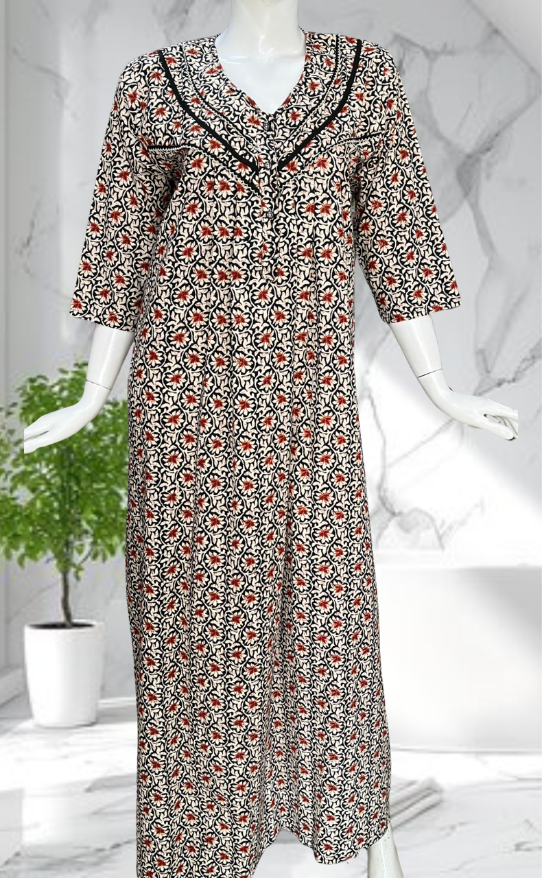 Black Garden Pure Cotton Long Sleeves Nighty. Soft Breathable Fabric | Laces and Frills