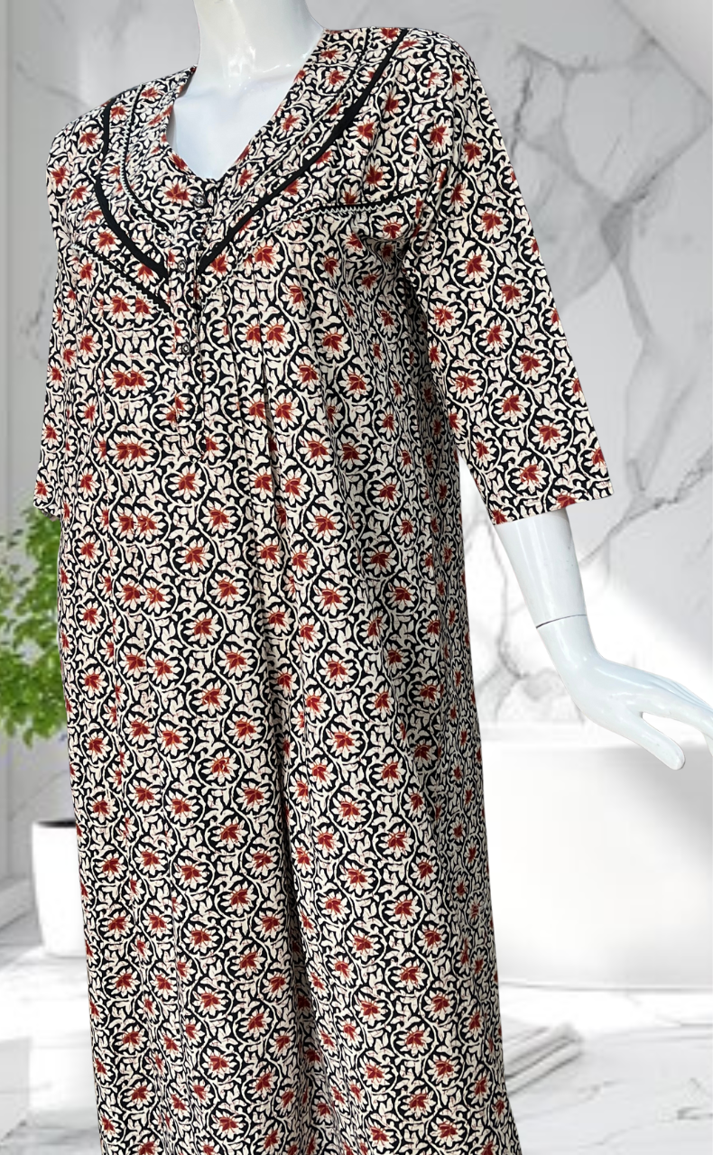 Black Garden Pure Cotton Long Sleeves Nighty. Soft Breathable Fabric | Laces and Frills