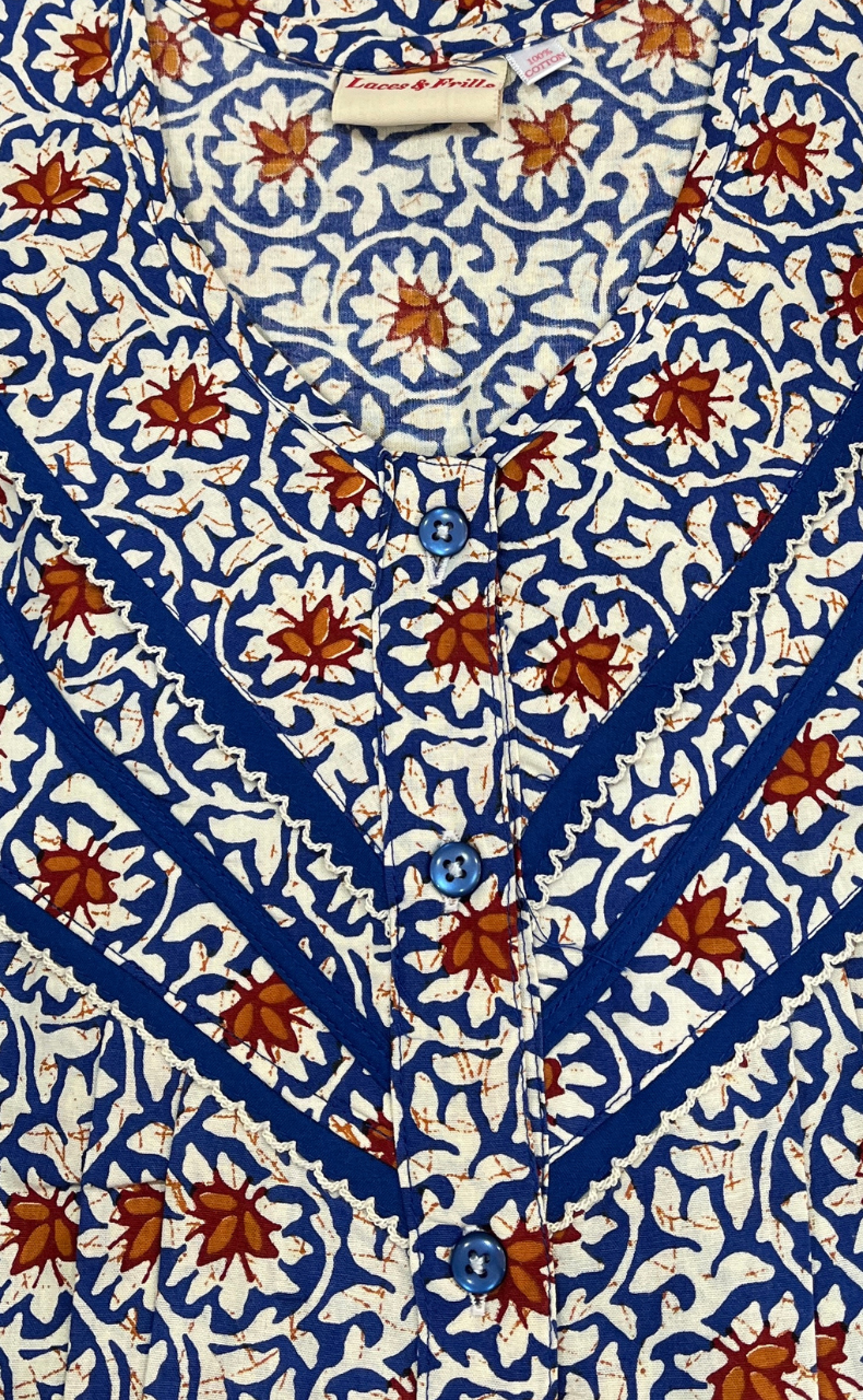 Blue Garden Pure Cotton Long Sleeves Nighty. Soft Breathable Fabric | Laces and Frills