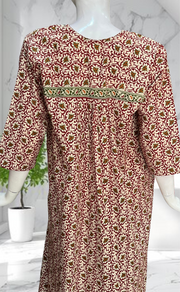 Maroon Garden Pure Cotton Long Sleeves Nighty. Soft Breathable Fabric | Laces and Frills - Laces and Frills