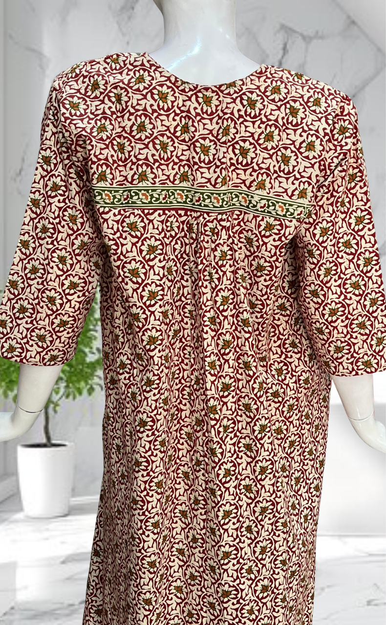 Maroon Garden Pure Cotton Long Sleeves Nighty. Soft Breathable Fabric | Laces and Frills - Laces and Frills