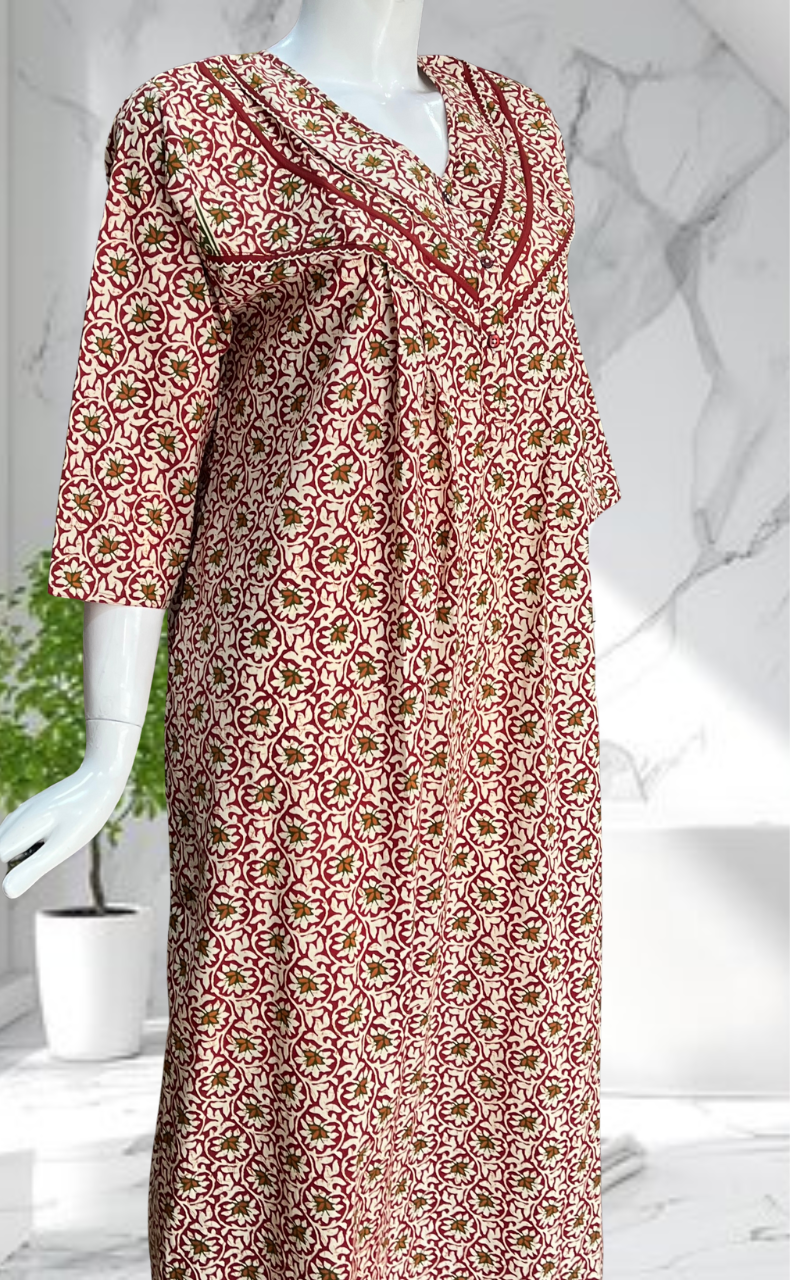Maroon Garden Pure Cotton Long Sleeves Nighty. Soft Breathable Fabric | Laces and Frills - Laces and Frills