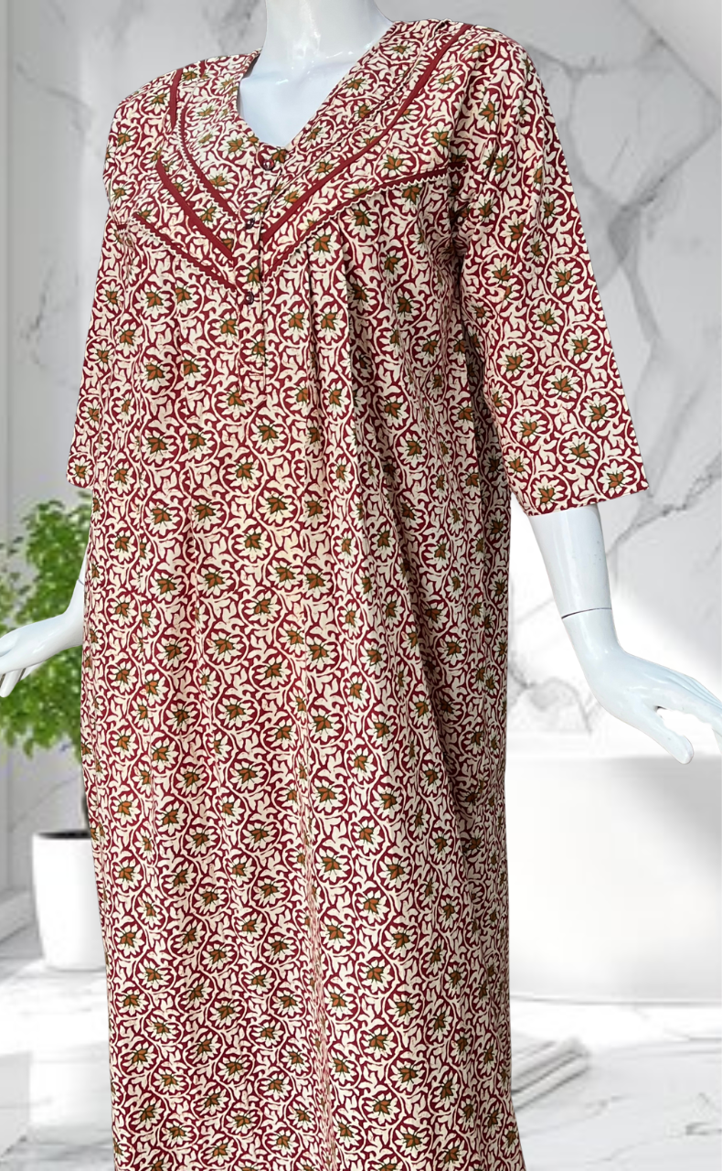 Maroon Garden Pure Cotton Long Sleeves Nighty. Soft Breathable Fabric | Laces and Frills - Laces and Frills
