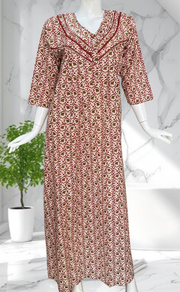 Maroon Garden Pure Cotton Long Sleeves Nighty. Soft Breathable Fabric | Laces and Frills - Laces and Frills