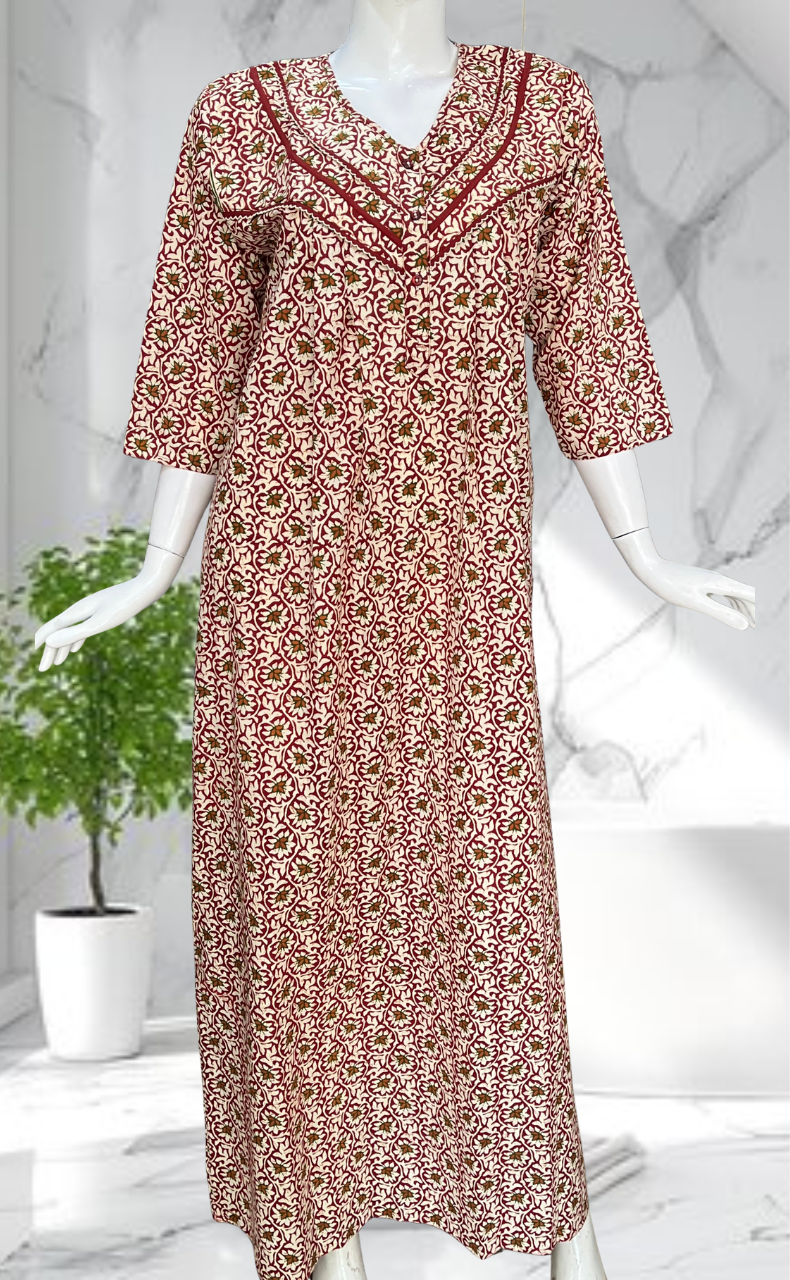Maroon Garden Pure Cotton Long Sleeves Nighty. Soft Breathable Fabric | Laces and Frills - Laces and Frills