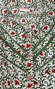 Green Garden Pure Cotton Long Sleeves Nighty. Soft Breathable Fabric | Laces and Frills