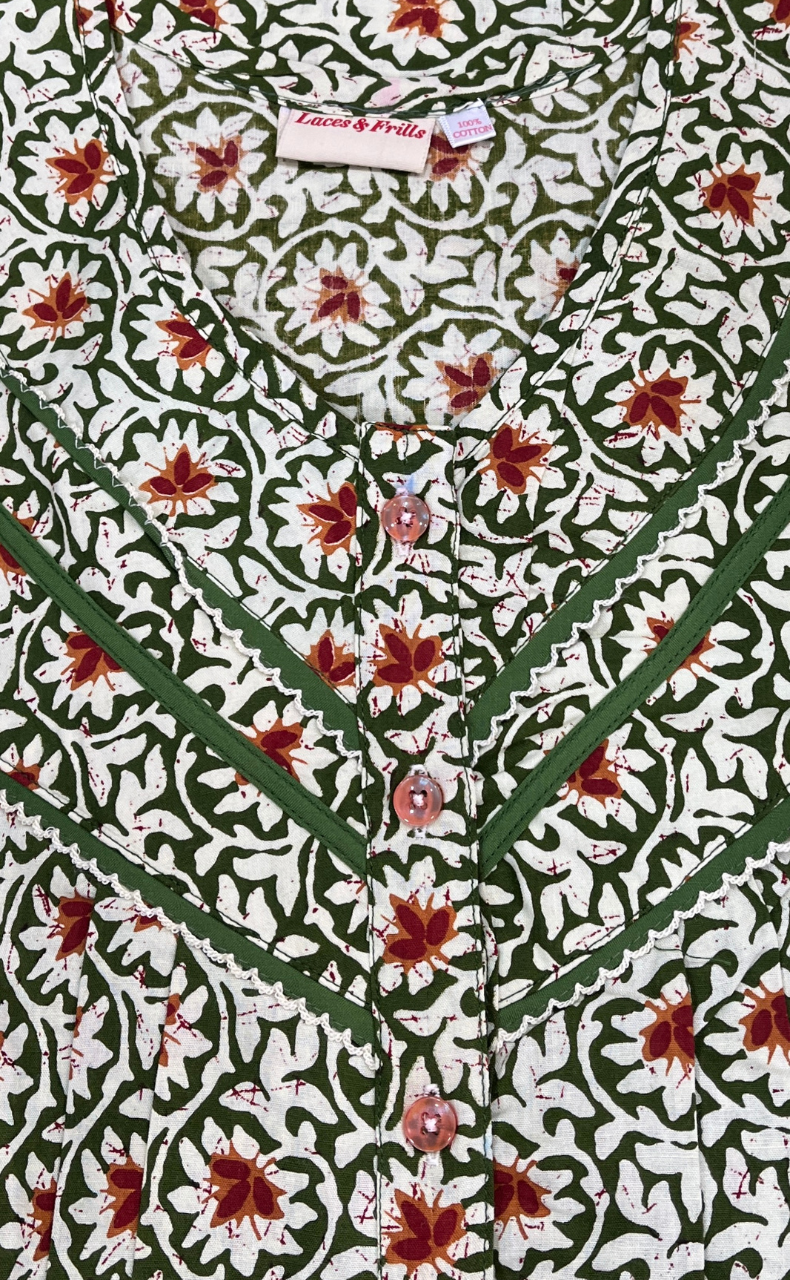 Green Garden Pure Cotton Long Sleeves Nighty. Soft Breathable Fabric | Laces and Frills