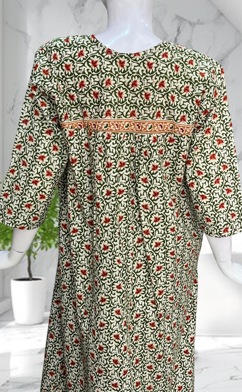 Green Garden Pure Cotton Long Sleeves Nighty. Soft Breathable Fabric | Laces and Frills