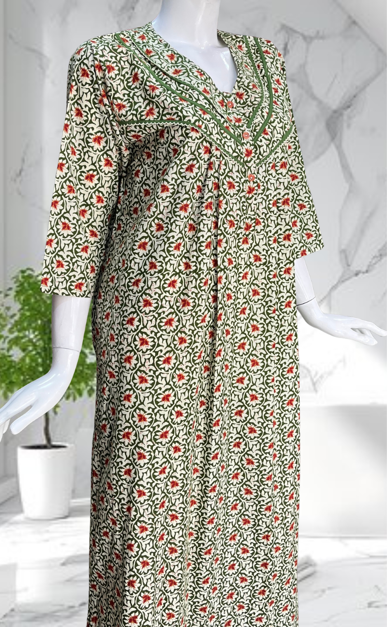 Green Garden Pure Cotton Long Sleeves Nighty. Soft Breathable Fabric | Laces and Frills