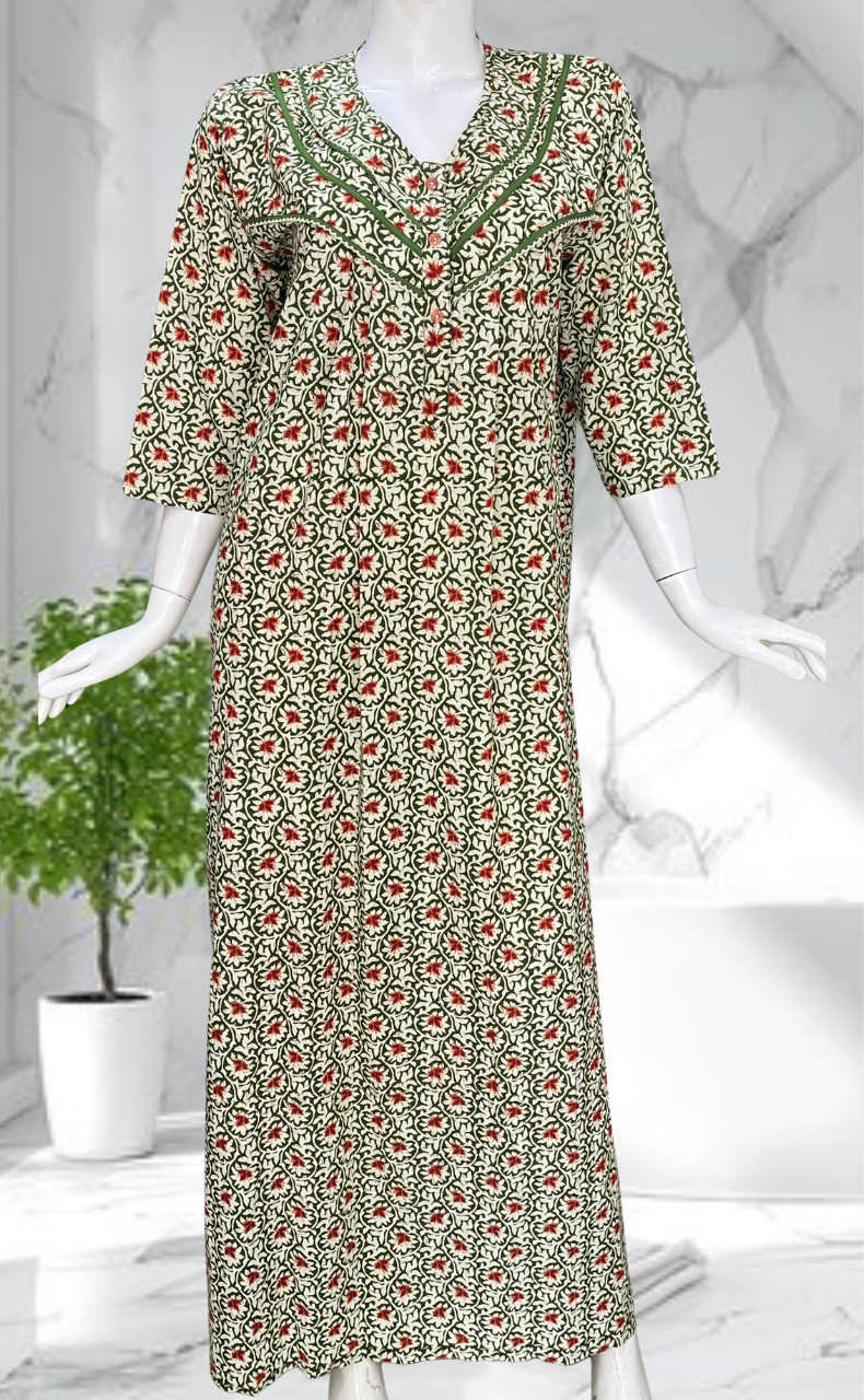 Green Garden Pure Cotton Long Sleeves Nighty. Soft Breathable Fabric | Laces and Frills