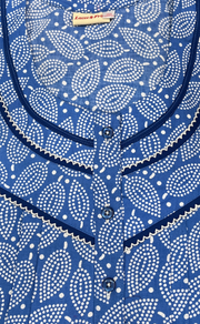 Blue Leafy Pure Cotton Long Sleeves Nighty. Soft Breathable Fabric | Laces and Frills