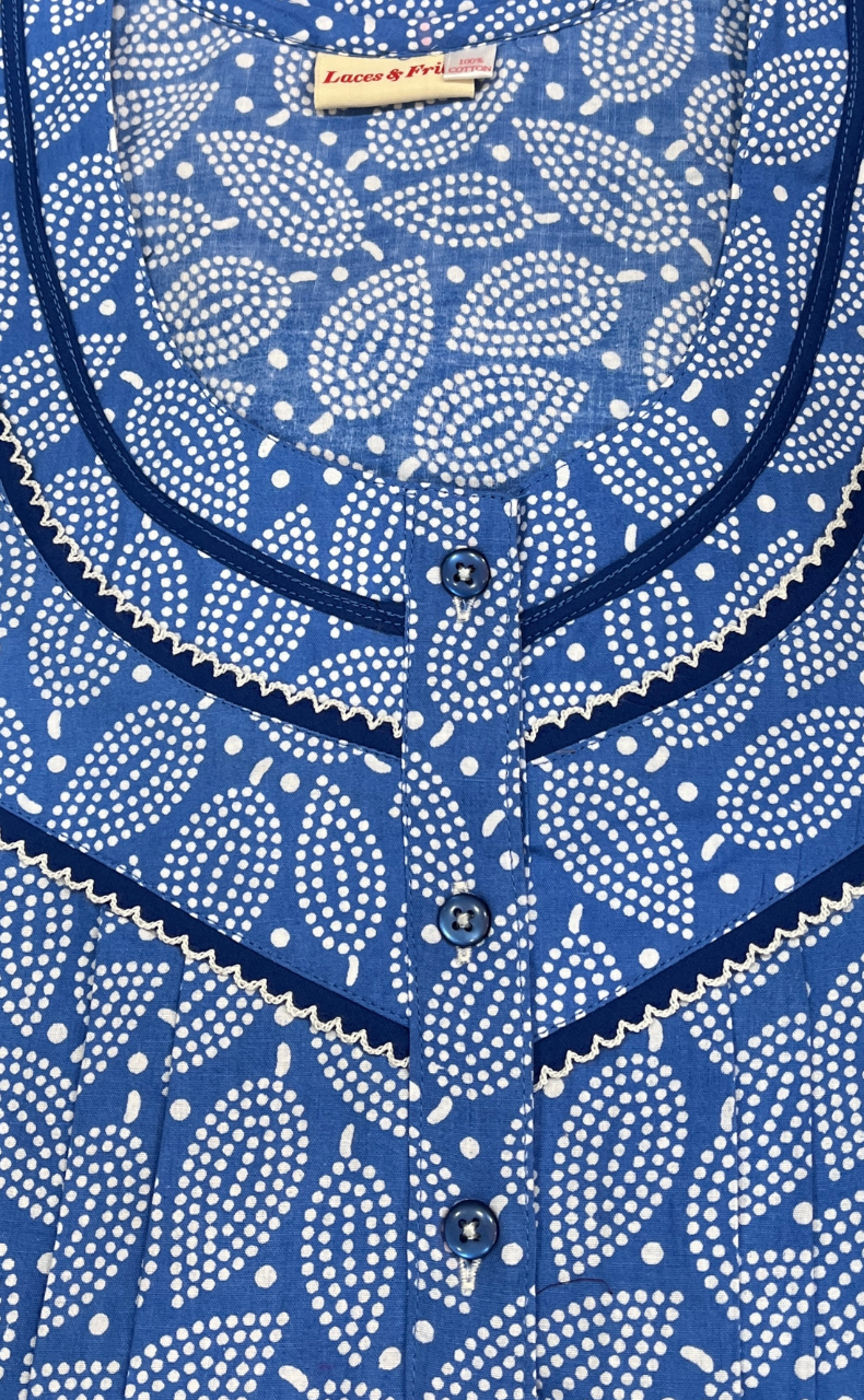 Blue Leafy Pure Cotton Long Sleeves Nighty. Soft Breathable Fabric | Laces and Frills