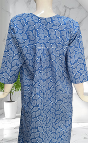 Blue Leafy Pure Cotton Long Sleeves Nighty. Soft Breathable Fabric | Laces and Frills