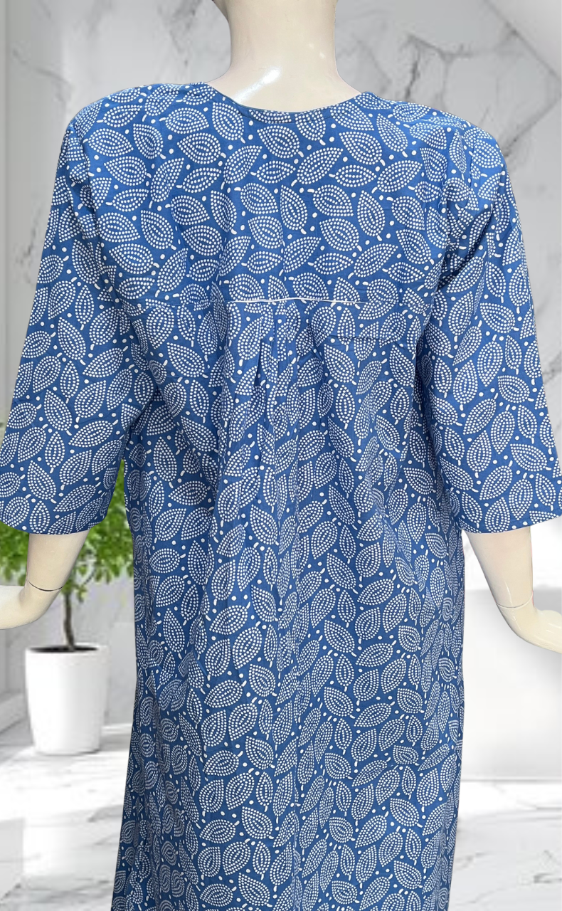 Blue Leafy Pure Cotton Long Sleeves Nighty. Soft Breathable Fabric | Laces and Frills