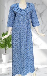 Blue Leafy Pure Cotton Long Sleeves Nighty. Soft Breathable Fabric | Laces and Frills