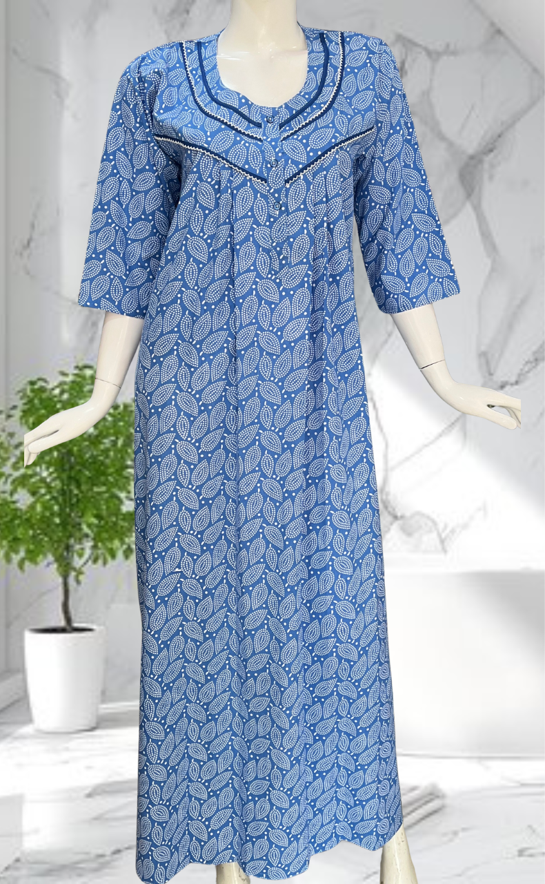Blue Leafy Pure Cotton Long Sleeves Nighty. Soft Breathable Fabric | Laces and Frills