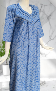Blue Leafy Pure Cotton Long Sleeves Nighty. Soft Breathable Fabric | Laces and Frills