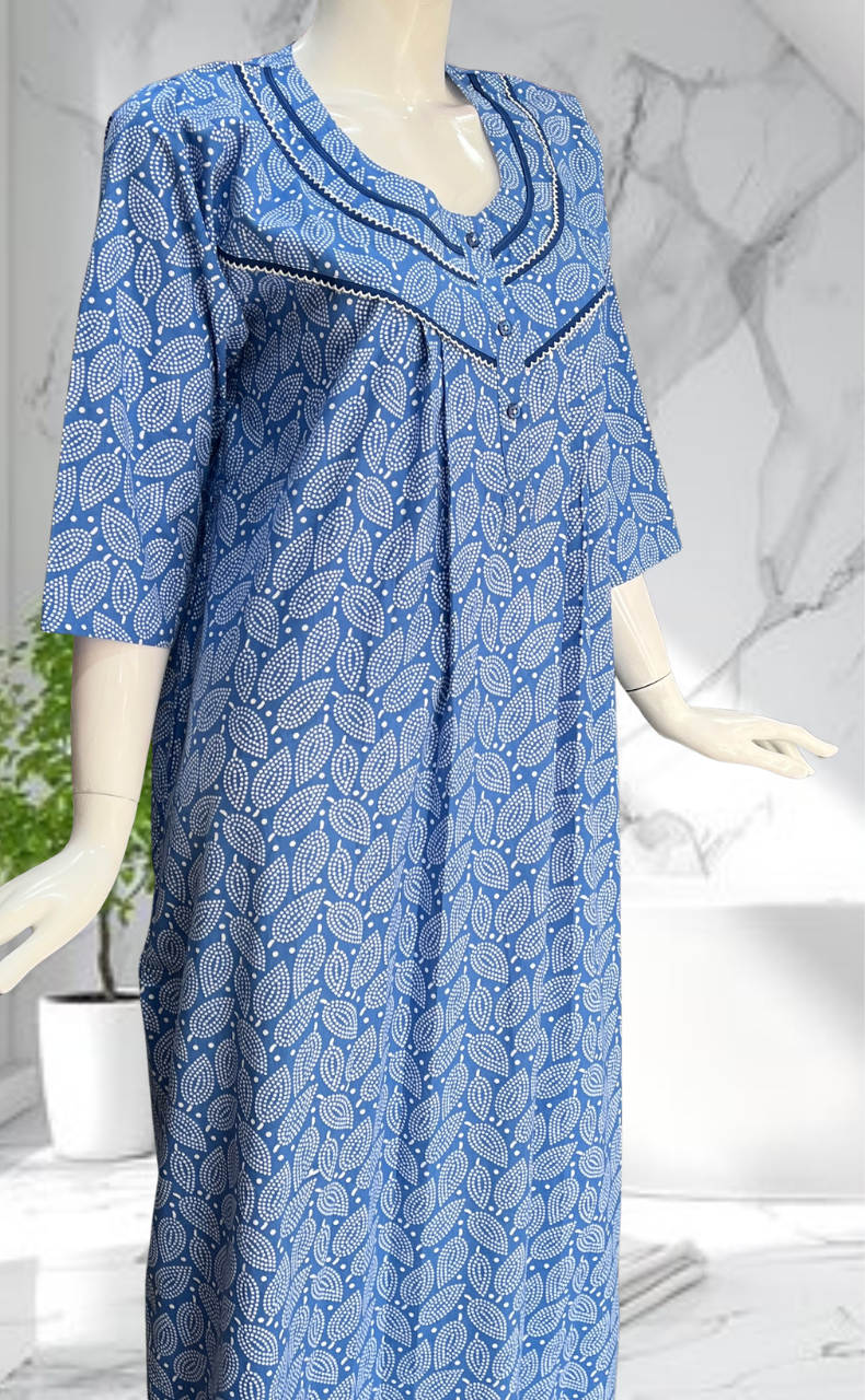 Blue Leafy Pure Cotton Long Sleeves Nighty. Soft Breathable Fabric | Laces and Frills
