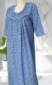 Blue Leafy Pure Cotton Long Sleeves Nighty. Soft Breathable Fabric | Laces and Frills
