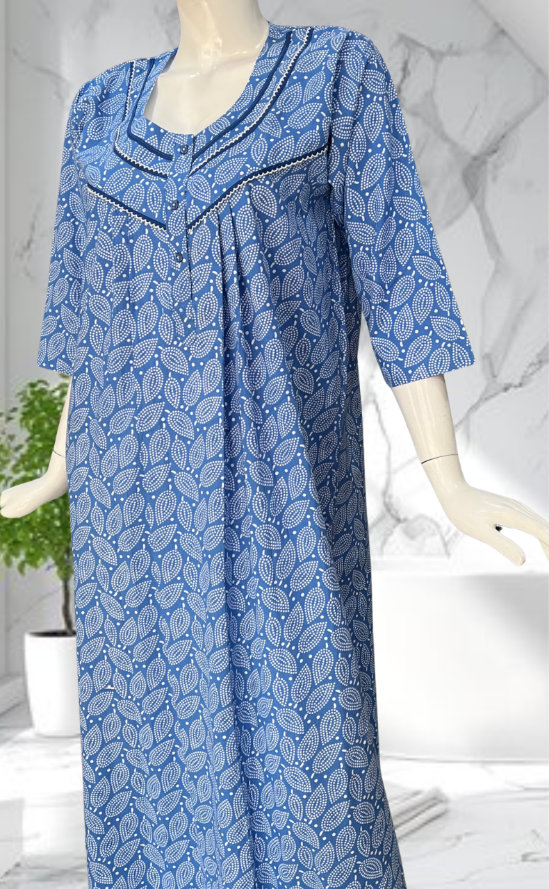 Blue Leafy Pure Cotton Long Sleeves Nighty. Soft Breathable Fabric | Laces and Frills