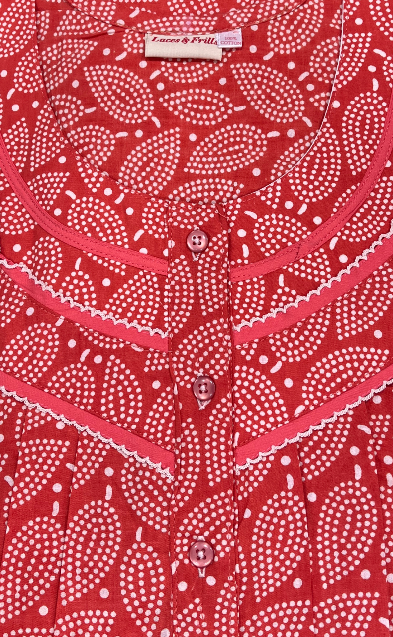 Peach Leafy Pure Cotton Long Sleeves Nighty. Soft Breathable Fabric | Laces and Frills