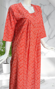Peach Leafy Pure Cotton Long Sleeves Nighty. Soft Breathable Fabric | Laces and Frills