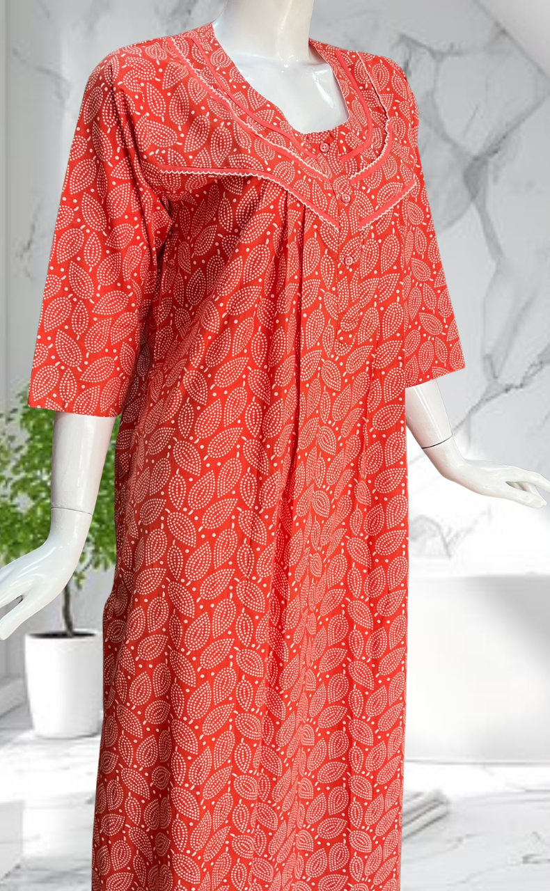 Peach Leafy Pure Cotton Long Sleeves Nighty. Soft Breathable Fabric | Laces and Frills
