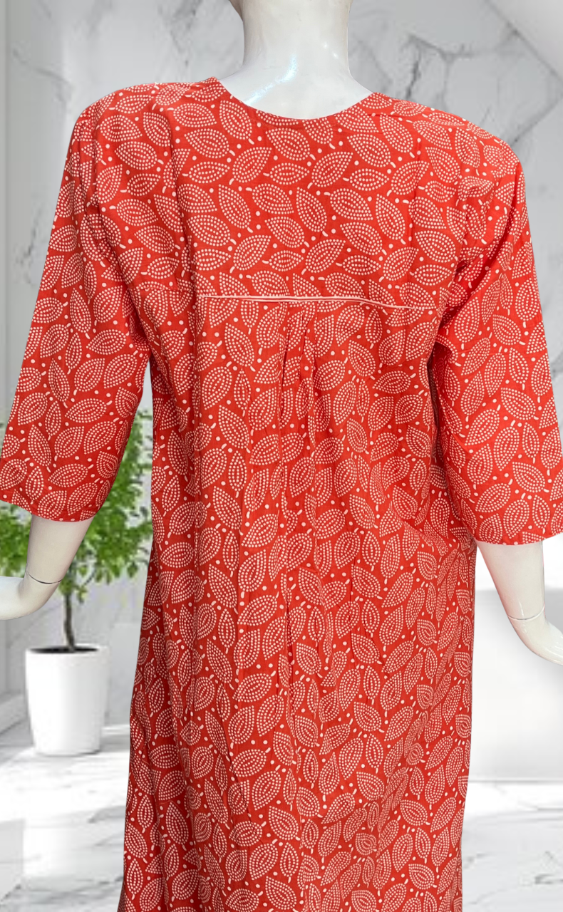 Peach Leafy Pure Cotton Long Sleeves Nighty. Soft Breathable Fabric | Laces and Frills