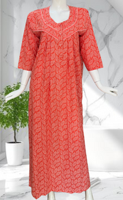 Peach Leafy Pure Cotton Long Sleeves Nighty. Soft Breathable Fabric | Laces and Frills