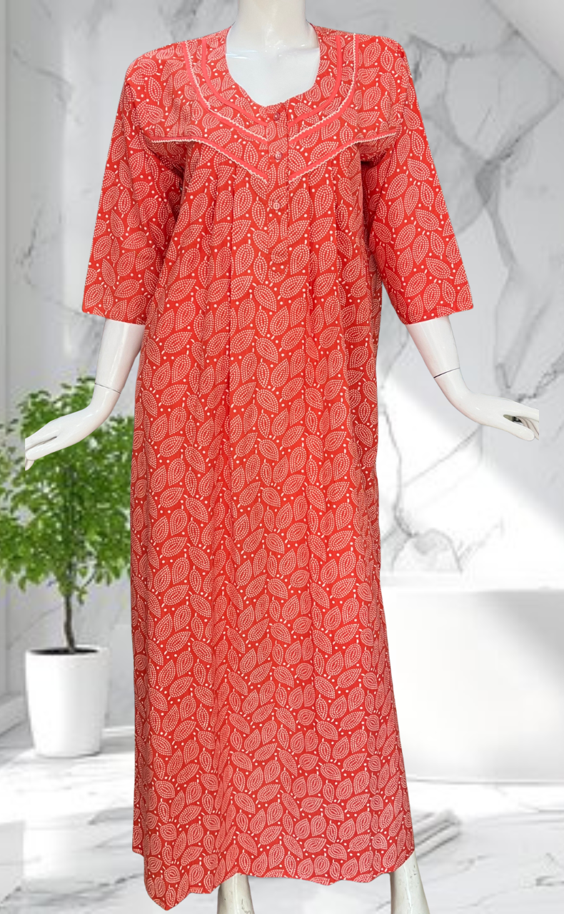 Peach Leafy Pure Cotton Long Sleeves Nighty. Soft Breathable Fabric | Laces and Frills