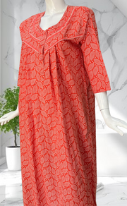 Peach Leafy Pure Cotton Long Sleeves Nighty. Soft Breathable Fabric | Laces and Frills