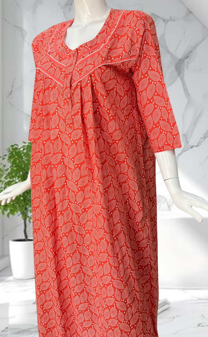 Peach Leafy Pure Cotton Long Sleeves Nighty. Soft Breathable Fabric | Laces and Frills