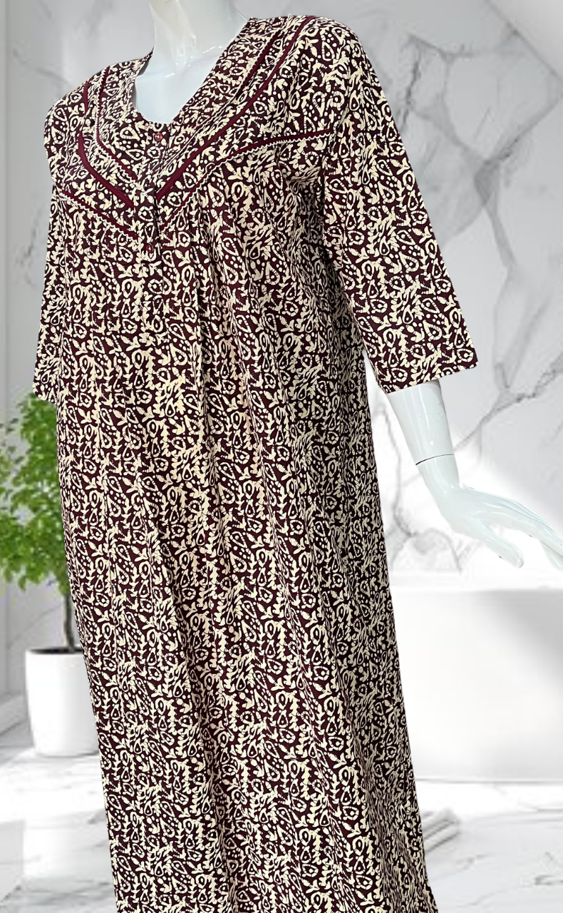 Dark Maroon Garden Pure Cotton Long Sleeves Nighty. Soft Breathable Fabric | Laces and Frills