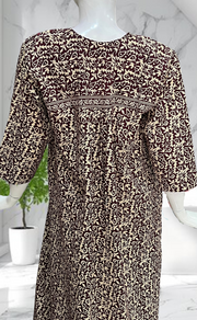 Dark Maroon Garden Pure Cotton Long Sleeves Nighty. Soft Breathable Fabric | Laces and Frills