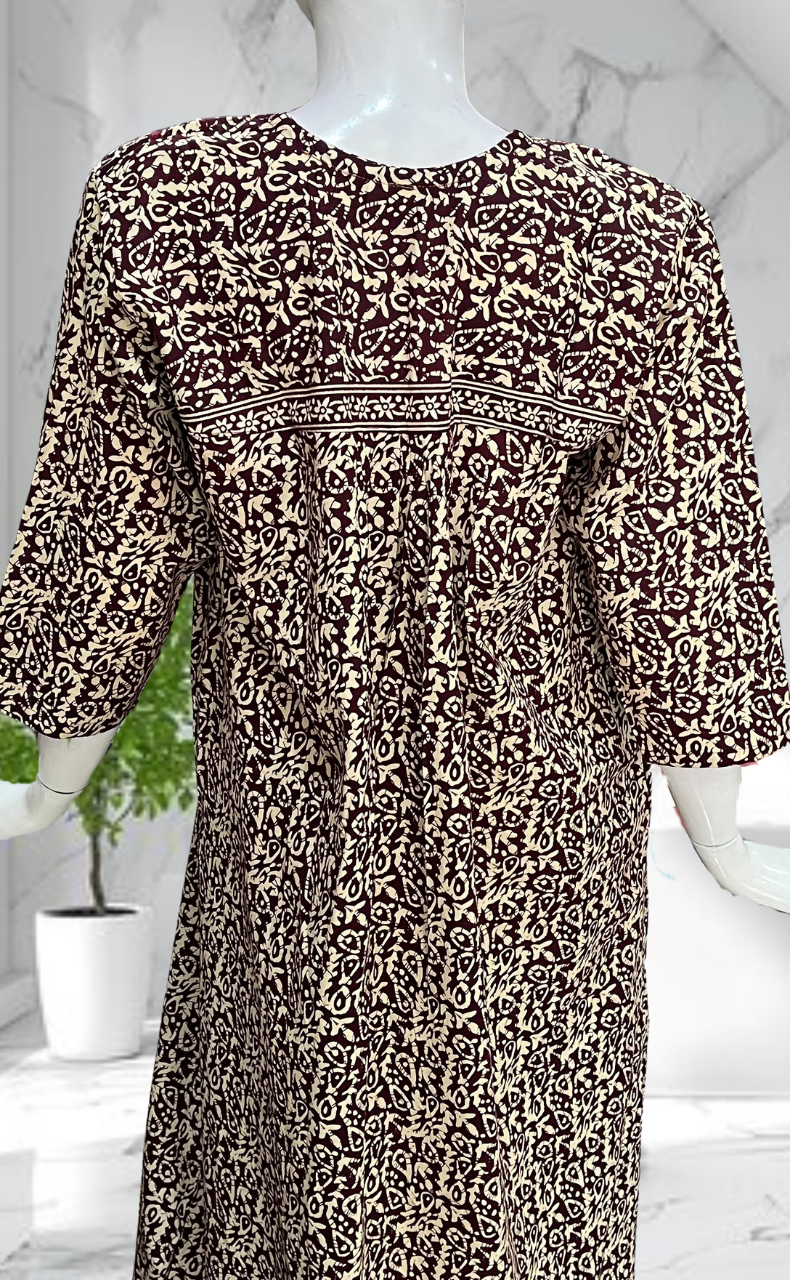 Dark Maroon Garden Pure Cotton Long Sleeves Nighty. Soft Breathable Fabric | Laces and Frills