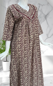 Dark Maroon Garden Pure Cotton Long Sleeves Nighty. Soft Breathable Fabric | Laces and Frills