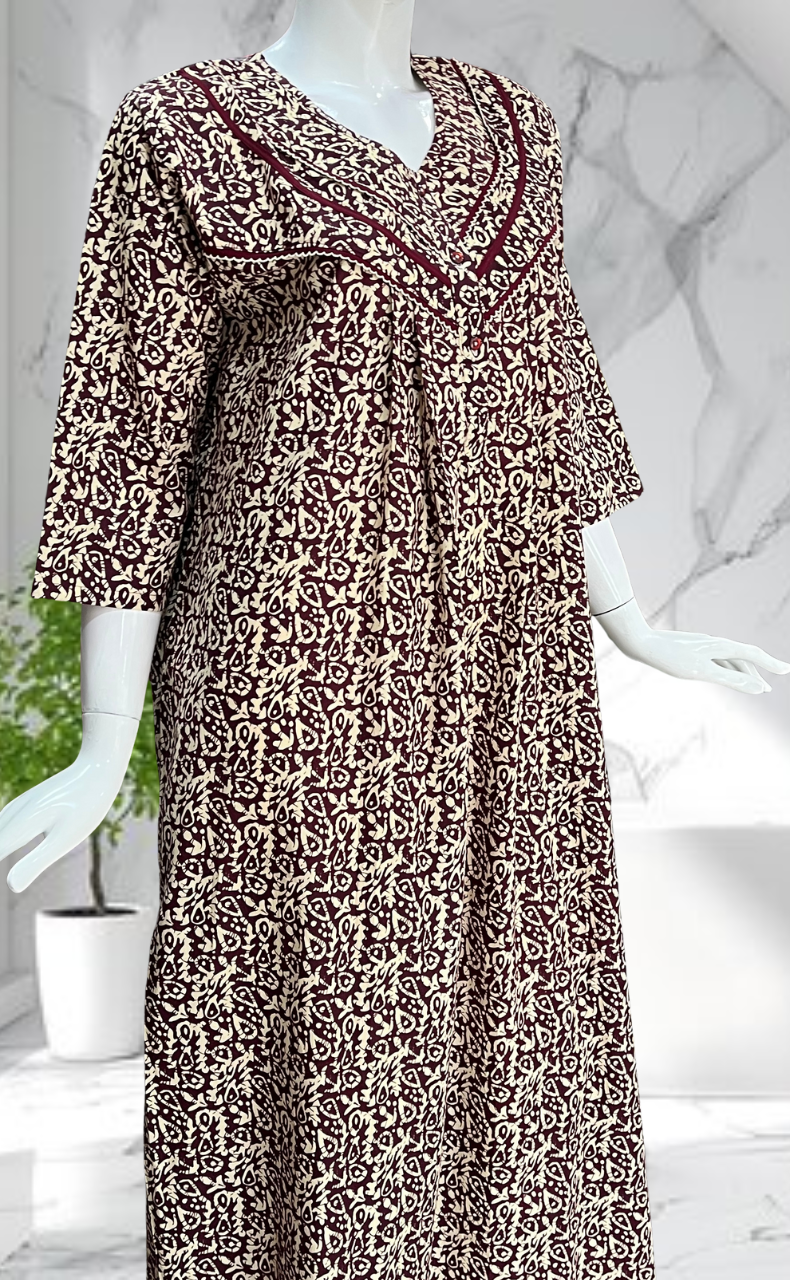 Dark Maroon Garden Pure Cotton Long Sleeves Nighty. Soft Breathable Fabric | Laces and Frills