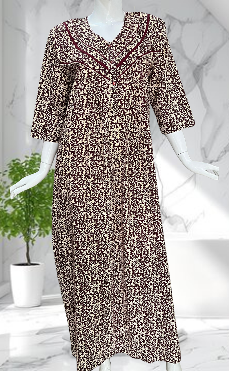 Dark Maroon Garden Pure Cotton Long Sleeves Nighty. Soft Breathable Fabric | Laces and Frills