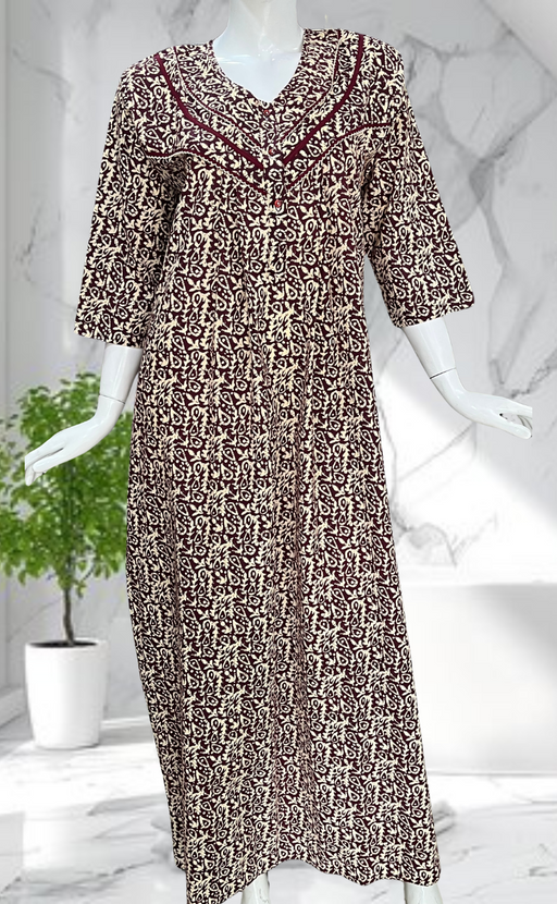 Dark Maroon Garden Pure Cotton Long Sleeves Nighty. Soft Breathable Fabric | Laces and Frills