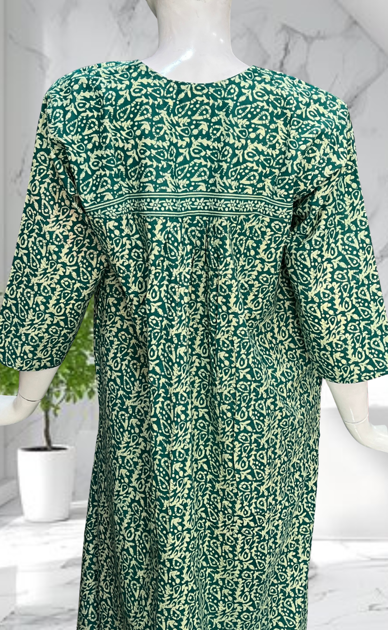Sea Green Garden Pure Cotton Long Sleeves Nighty. Soft Breathable Fabric | Laces and Frills