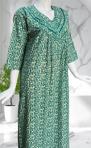 Sea Green Garden Pure Cotton Long Sleeves Nighty. Soft Breathable Fabric | Laces and Frills