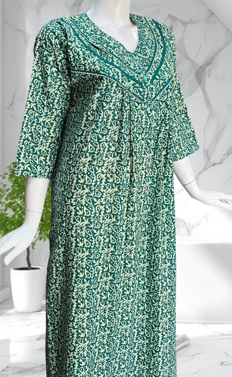 Sea Green Garden Pure Cotton Long Sleeves Nighty. Soft Breathable Fabric | Laces and Frills