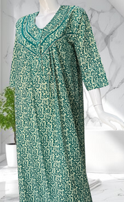 Sea Green Garden Pure Cotton Long Sleeves Nighty. Soft Breathable Fabric | Laces and Frills