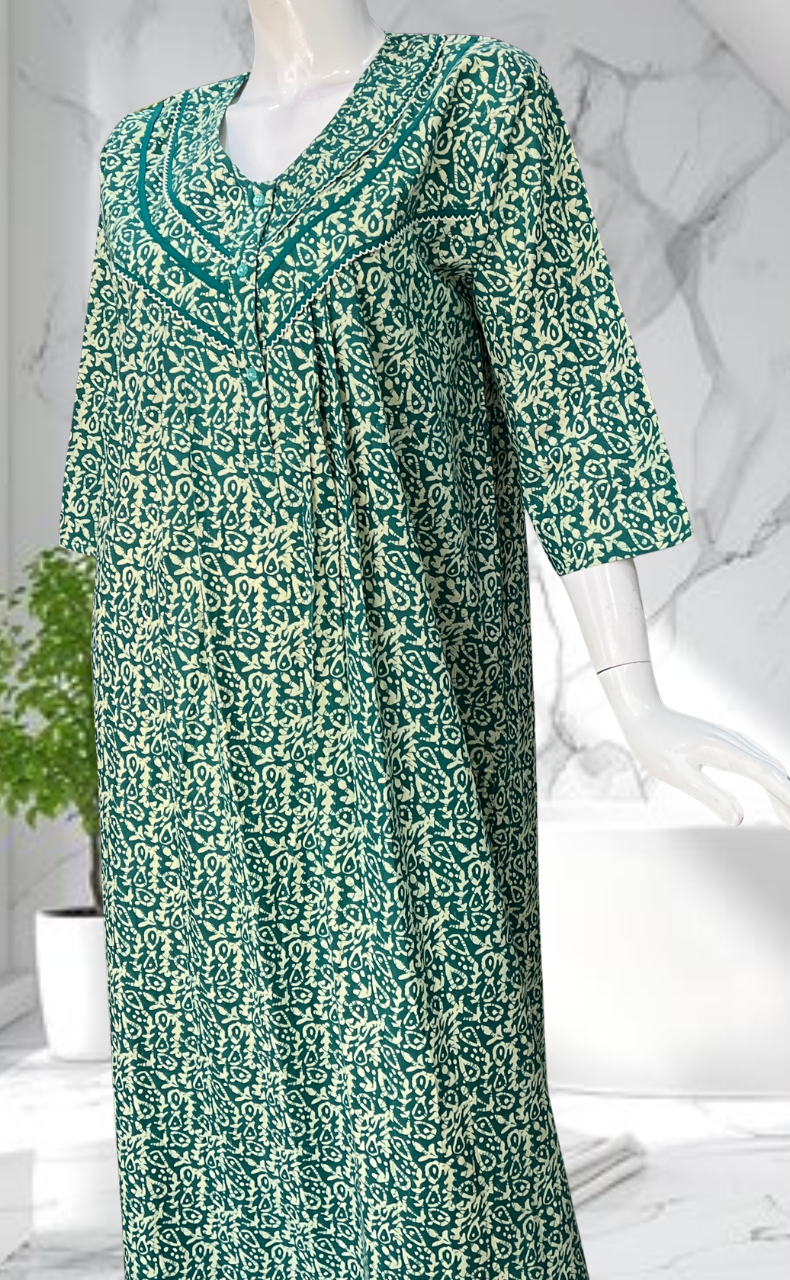 Sea Green Garden Pure Cotton Long Sleeves Nighty. Soft Breathable Fabric | Laces and Frills