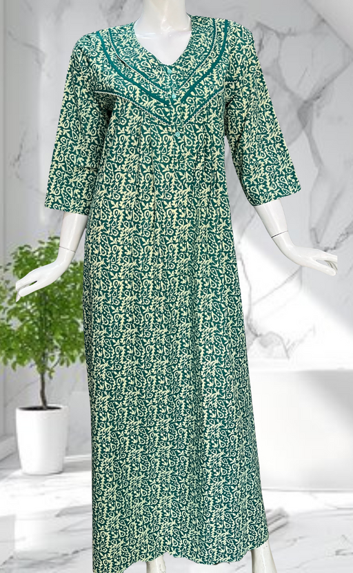 Sea Green Garden Pure Cotton Long Sleeves Nighty. Soft Breathable Fabric | Laces and Frills