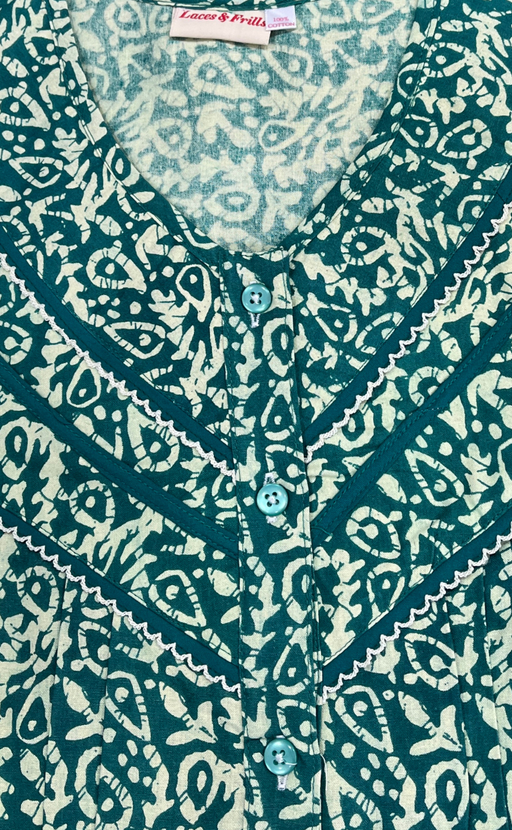 Sea Green Garden Pure Cotton Long Sleeves Nighty. Soft Breathable Fabric | Laces and Frills